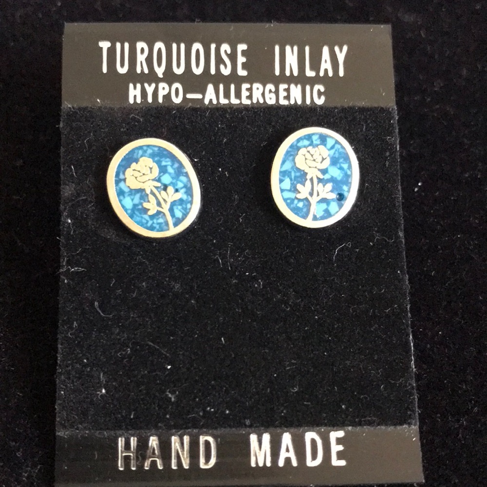 Handmade Silver  Tone Turquoise Inlay Earrings